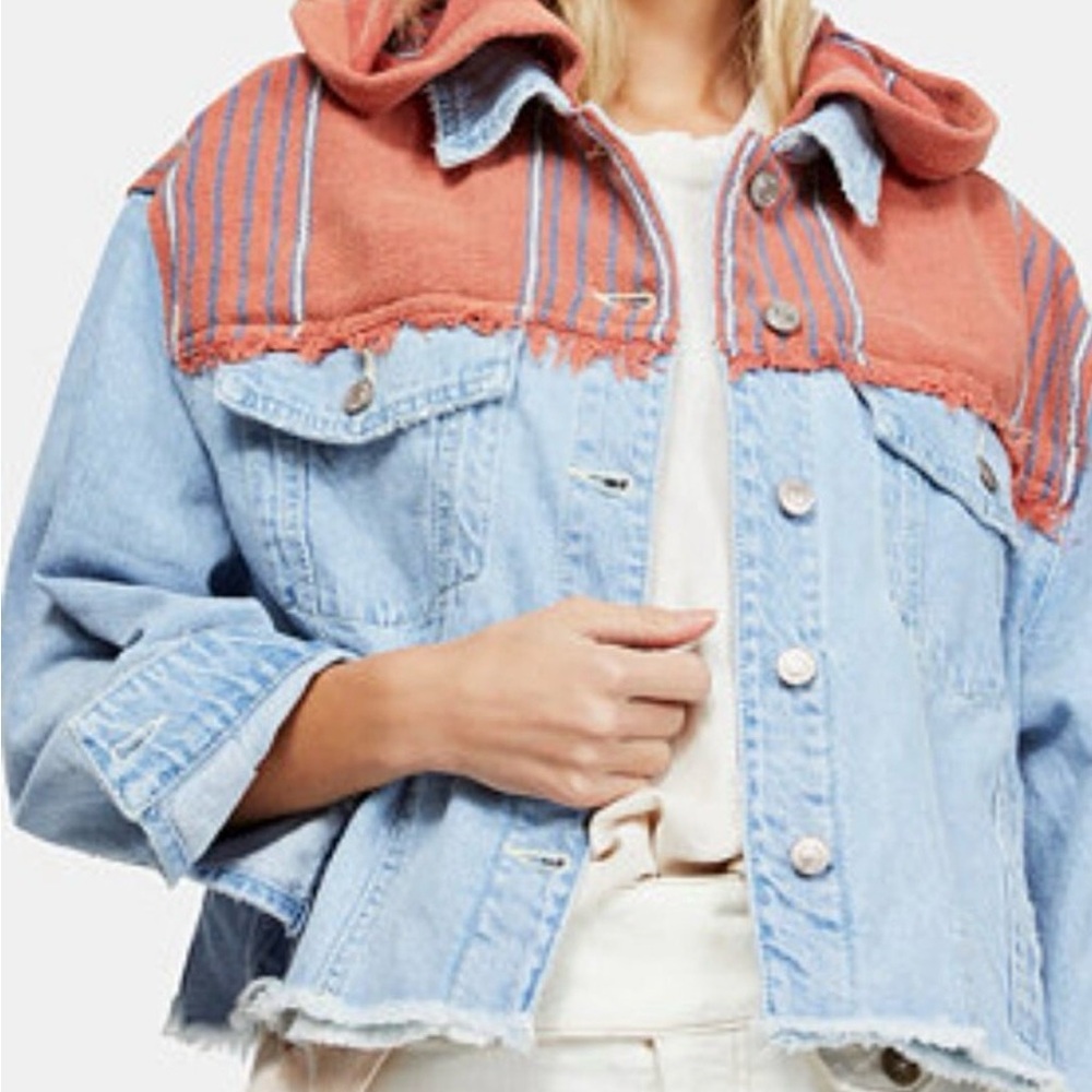 Free People Light Blue Baja Denim Jacket Hoodie